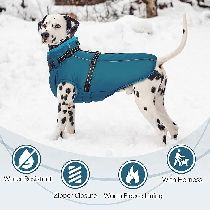 PUMYPOREITY Snow Jacket for Large Dogs Waterproof, Warm Dog Winter Coat with Harness Built in, Fleece Jacket with Back Zipper, Cold Weather Coats for Outdoor, Windproof Pet Snowsuit, Blue, 3XL