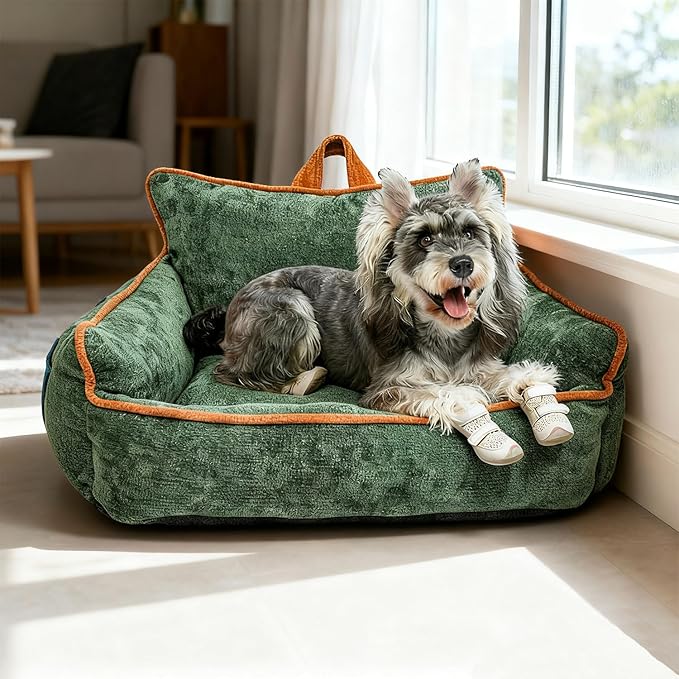 Small Orthopedic Dog Sofa Bed with Sides, Carry Handle & Side Pockets .Plush Chenille Orthopedic Pet Bed Couch for Small Breed Dogs & Cats .Portable Snuggler for Indoor Use, Travel & Recovery