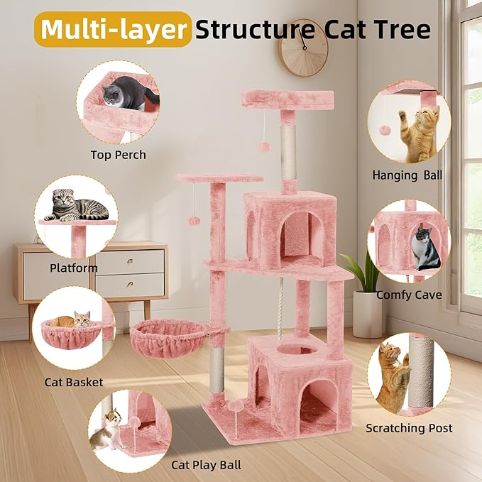Cat Tree, 54-Inch Cat Tower for Indoor Cats,Plush Multi-Level Cat Condo with Scratching Posts, Basket, Perches,2 Caves,2 Pompoms(Pink)