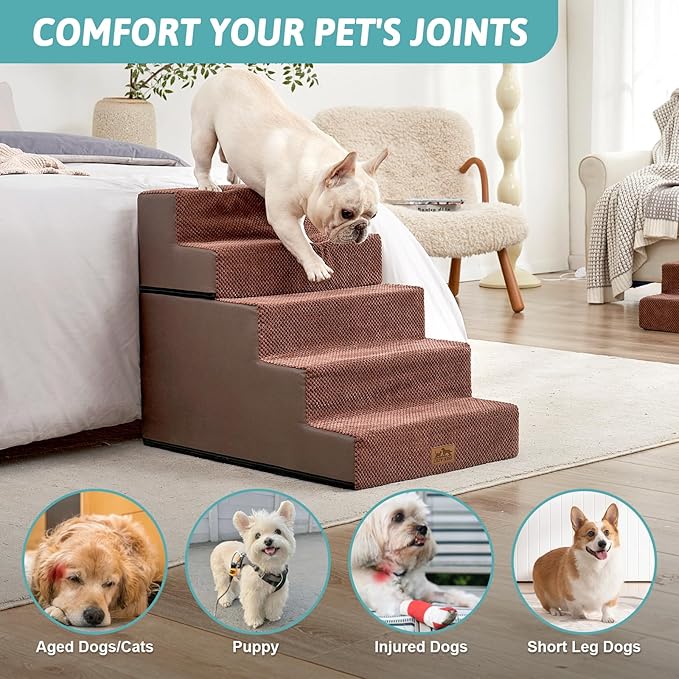 Dog Stairs for Small Dogs, 5 Tier Removable Wider Pet Stairs for Couch and Bed, 23.6" H Non-Slip Dog Steps for Puppies and Old Cats with Support Board, 19.7x29.5x23.6 inch, Brown