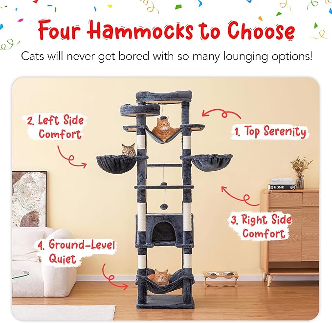 77-Inch Tall Cat Tree for Indoor Cats, Multi-Level Large Cat Tower with 4 Hammocks, 2 Padded Perches, Cat Condo, Sisal Scratching Posts and Hanging Toys for Large Adult Cat, Smoky Grey