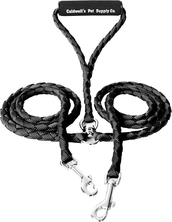Caldwell's Pet Supply Co. Dual Dog Leash, Double Dog Leash for Two Dogs, Tangle Free, Heavy Duty Double Ended Tandem Leashes with Padded Handle with Tangle-free Swivel, for Small, Medium or Large Dogs