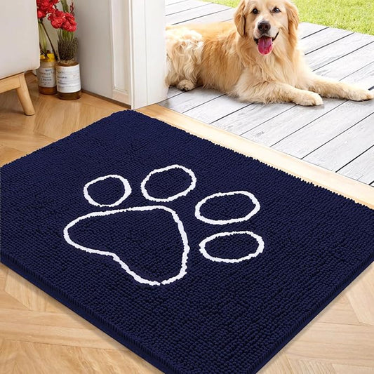OLANLY Dog Door Mat for Muddy Paws 40x32, Paw Print Design, Absorbs Moisture and Dirt, Absorbent Non-Slip Washable Doormat, Quick Dry Chenille Mud Mat for Dogs, Entry Indoor Entryway Carpet, Navy Blue