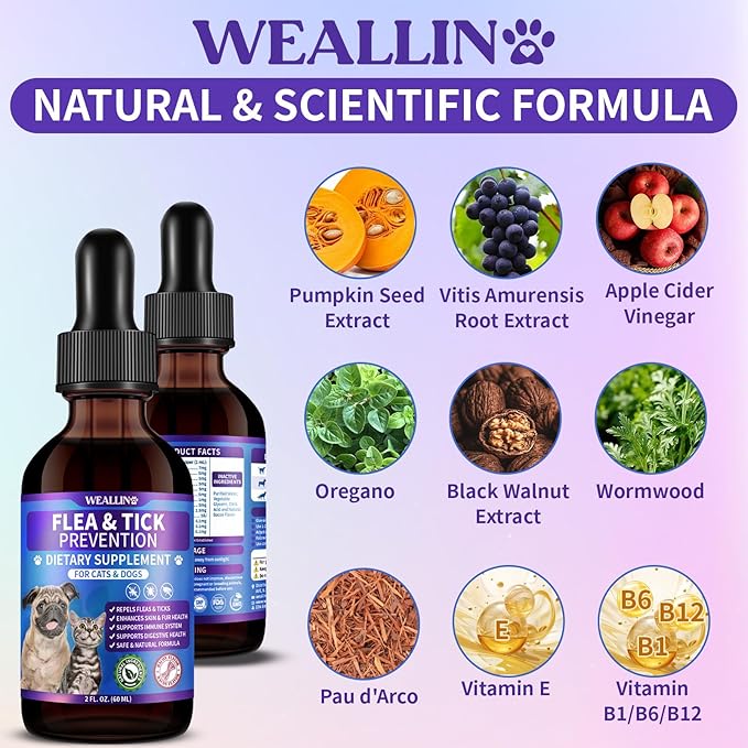 Flea and Tick Support for Dogs and Cats Natural Flea Treatment Drops with Multivitamin for Pets Oral Flea & Tick Prevention for Dogs and Cats Flea Herbal Drops for All Breeds and Ages