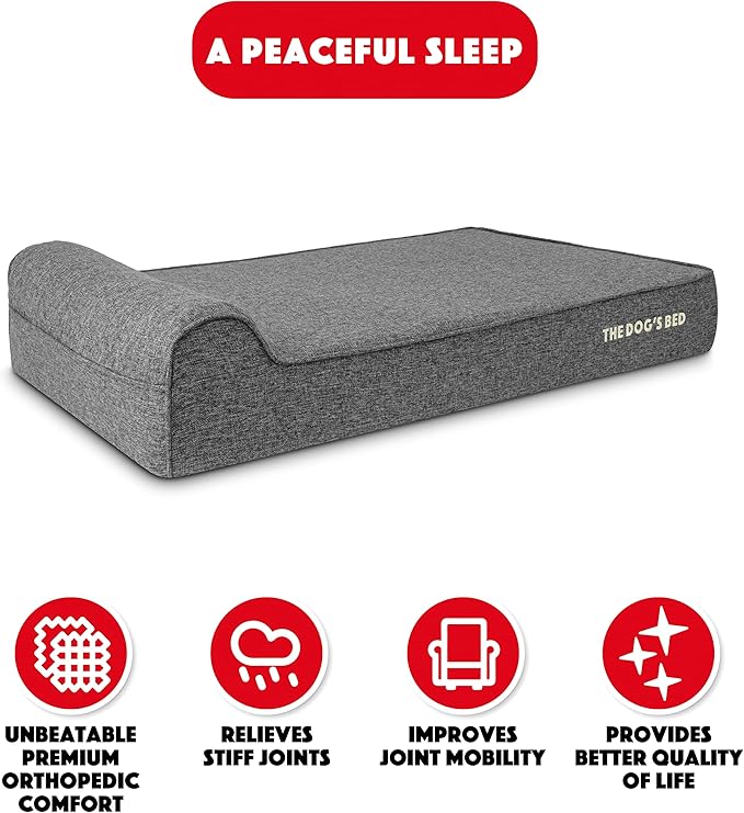 The Dog’s Bed Orthopedic Headrest Dog Bed XL Linen Grey, Memory Foam, Pain Relief for Arthritis, Hip & Elbow Dysplasia, Post Surgery, Lameness, Waterproof Washable Cover