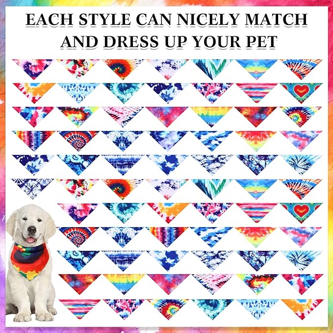 Reginary 72 Pack Tie Dye Dog Bandanas - Bulk Pet Scarf Bibs Triangle Kerchief Adjustable for Pet Grooming Costume Accessories