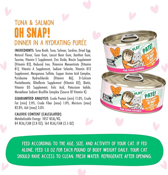 Weruva B.F.F. Play - Best Feline Friend Paté Lovers, Aw Yeah!, Tuna & Salmon Oh Snap! with Tuna & Salmon, 2.8oz Can (Pack of 12)