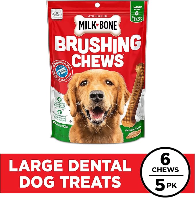 Milk-Bone Original Brushing Chews, 6 Large Daily Dental Dog Treats (Pack of 5) Scrubbing Action Helps Clean Teeth