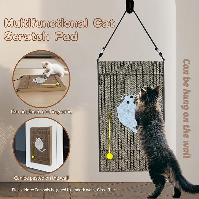 Cat Scratch Pad. Corrugated Cat Scratcher for Indoor Cats with Catnip. Cardboard Cat Scratcher with Mouse Logo and Hanging Ball Toy Design. Replaceable core Cat Scratching Board.(Pack of 2)