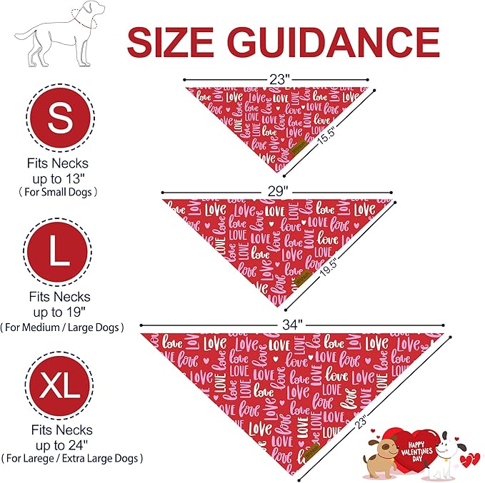 Valentines Dog Bandana - 2 Pack Triangle Dog Bandanas | Reversible Love and Heart Pet Scarf | Premium Durable Fabric | Boys & Girls | Holiday Bandana for Medium and Large Dogs (Large)