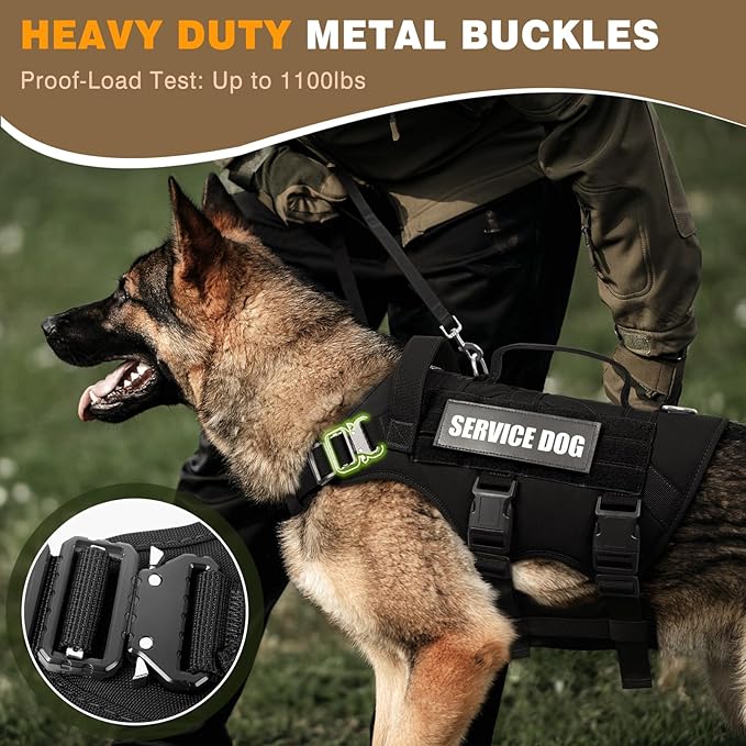 WINSEE Tactical Dog Harness with Dog Leash, Service Working MOLLE Vest with 10 Pet Patches for Medium Dog, No Pull Military Harness and Backpack for Training Hunting Walking