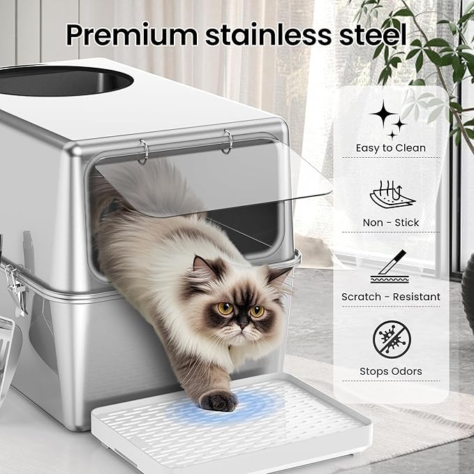 Stainless Steel Litter Box with Lid – Dog Proof, XL Enclosed Metal, High Side, Odor Control, for Big Cats & Multi-Cat Household, Top and Front Entry (Grey Silicone Edge)
