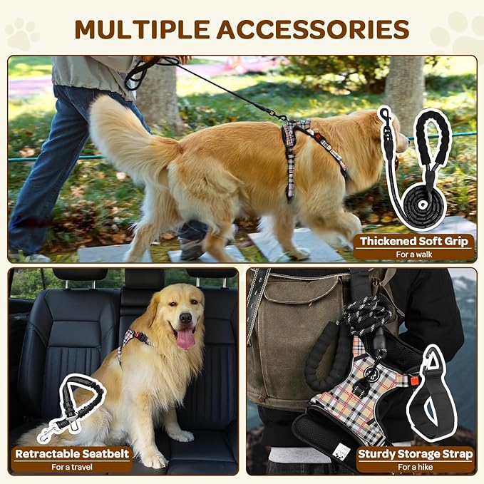 FURRYFECTION Plaid Dog Harness for Large Dogs | No Pull Reflective Pet Harness | No Choke Adjustable Dog Vest Harnesses | with Leash | Easy Control Handle | Front Lead | Seat Belt | Beige&White | L