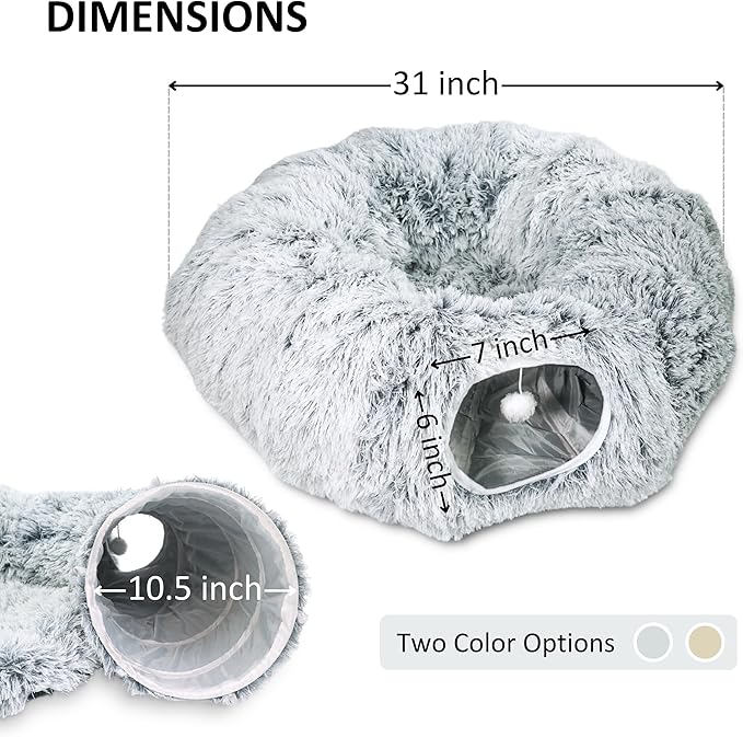 Donut Tunnel Bed for Indoor Cats, Plush Hideaway with Pom Toy, Cozy Cats Toy, Gray