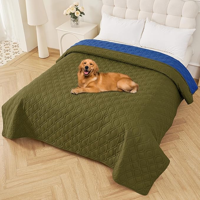 Smiry Waterproof Dog Blanket, 82x102 Inch Soft Pet Bed Cover Reversible, Washable Sofa Couch Furniture Protector for Small Medium Large Dog Puppy Cat, Green/Navy