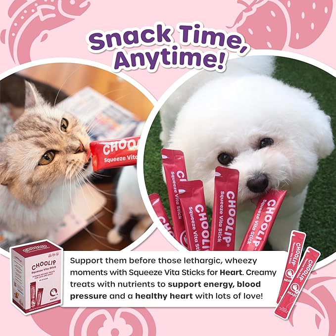 Choolip 2-Pack | Squeeze Vita Stick Lickable Treats for Dogs & Cats. 7 Heart Support Sticks with Essential multivitamins. Soft and Tasty Paste for All Life Stages, Supporting Heart Health