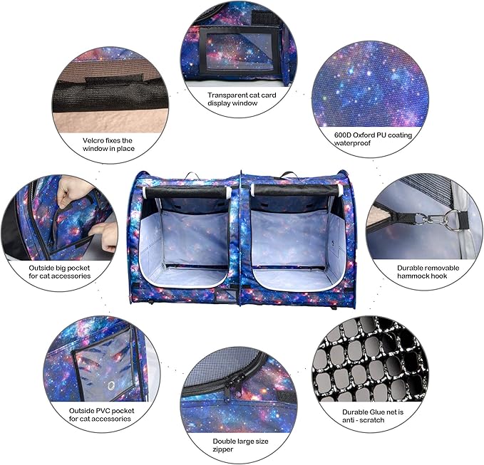 Mispace Portable Twin Compartment Show House Cat Cage/Condo - Easy to Fold & Carry Kennel - Comfy Puppy Home & Dog Travel Crate with Portable Carry Bag/Two Hammocks/Mats and Collapsible Litter Box