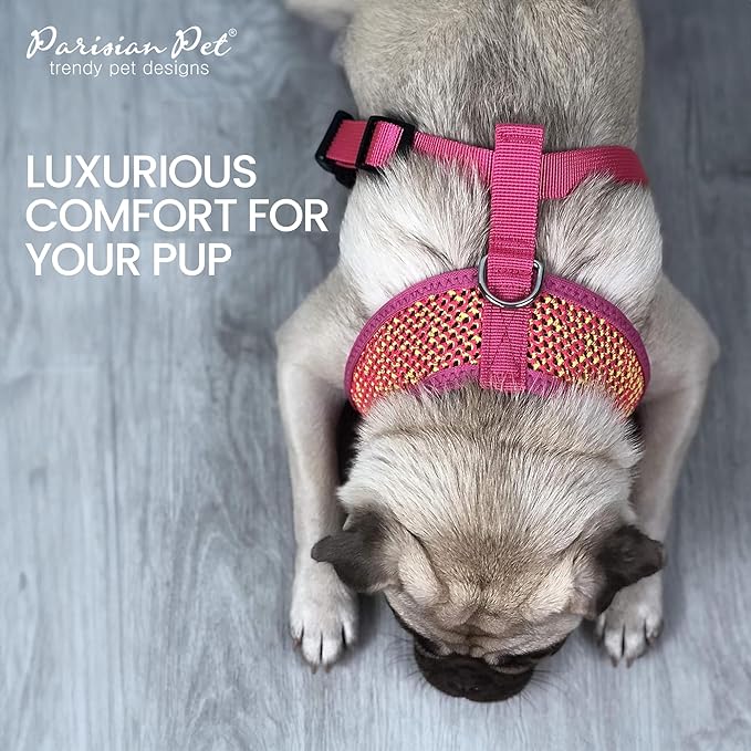 Parisian Pet Dog Harness - Adjustable Pink/Yellow Dog Vest Harness - 100% Mesh Fabric No Pull Puppy Harness - Cooling Dog Harness for Large Dogs - Idle for Walking, Running, and Hiking - L