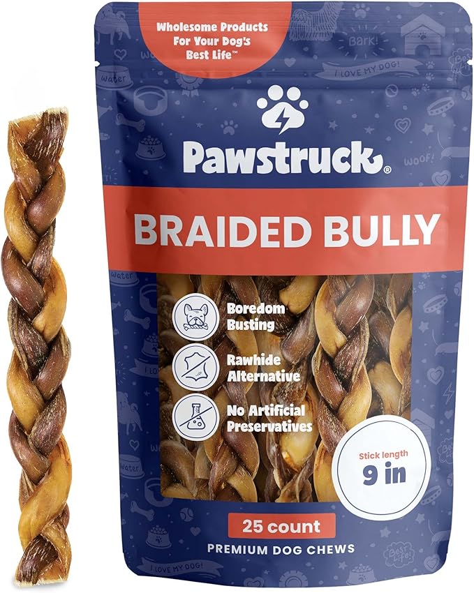 Pawstruck Natural 9” Braided Bully Sticks for Dogs - Tough, Long-Lasting, Rawhide-Free, Low Odor, Healthy Single Ingredient Chew Treat for Aggressive Chewers - 25 Count - Packaging May Vary
