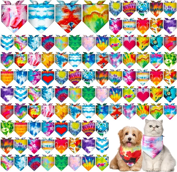 Amylove 120 Pcs Halloween Dog Bandanas Bulk Thanksgiving Day Holiday Triangle Dog Pack Puppy Kerchief Bandana Adjustable Pet Scarf for Pet Cat Costume Accessories Decor(Tie Dye)