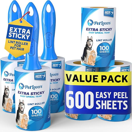 PetLovers Extra Sticky Lint Roller Mega Value Set 600 Sheets for Pet Hair Removal, Dog and Cat Lint Remover 6 Pack