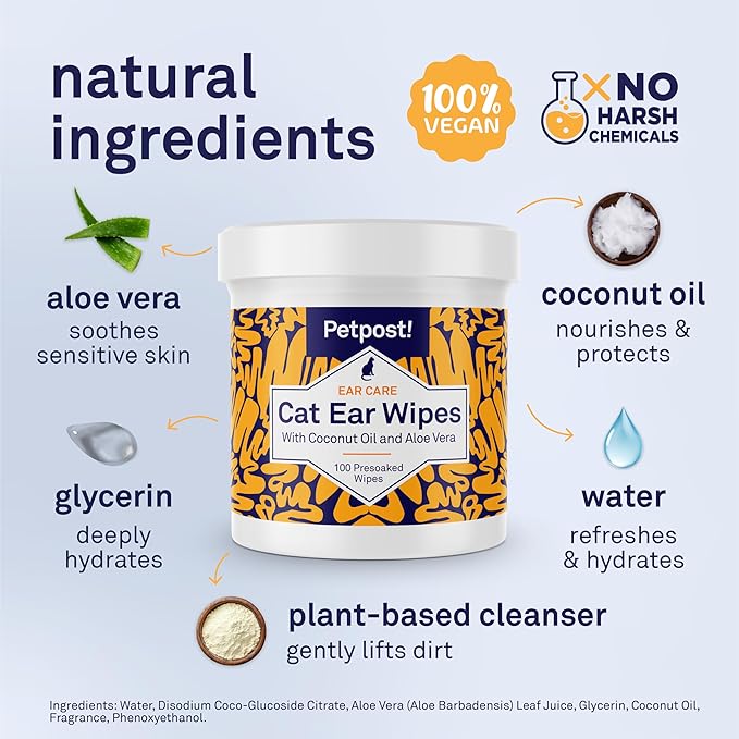 Petpost | Cat Ear Cleaner Wipes - Ultra Soft Cotton Pads in Coconut Oil Solution - Treatment for Removing Cat Ear Dirt & Wax 100 ct.