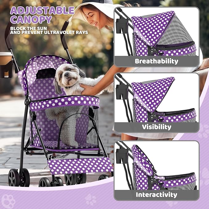Magshion Compact Pet Stroller for Small-Medium Dogs/Cats up to 22lbs, 4-Wheel Lightweight Umbrella Shaped Portable Puppy Travel Jogger w/Breathable Mesh, Cup Holder & Rear Storage, Purple Polka Dots