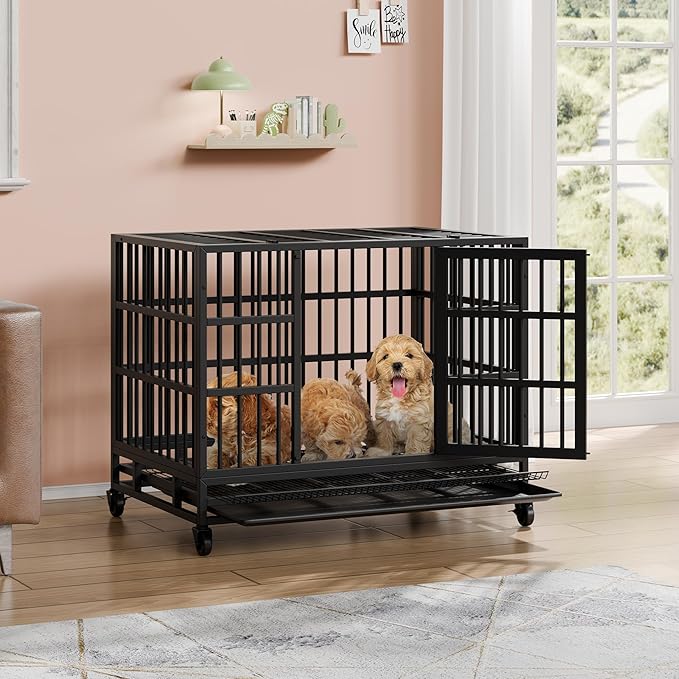 Vongrasig 38 Inch Heavy Duty Indestructible Dog Crate, Escape Proof Dog Cage Kennel with Lockable Wheels,High Anxiety Double Door Dog Cage,Extra Large XL XXL Crate Indoor for Large Dogs