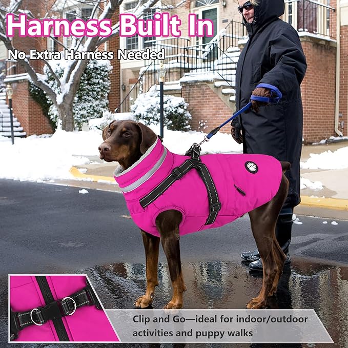 Dogcheer Dog Coat with Harness, Waterproof Dog Jacket Christmas Pet Winter Coat with Pockets, Reflective Doggy Turtleneck Fleece Jacket for Small Medium Large Dogs - Pink, XL