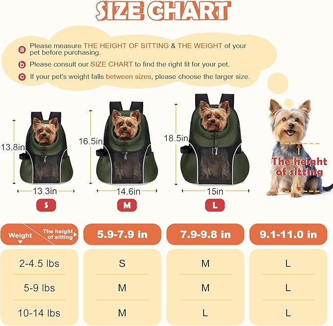 WOYYHO Pet Dog Carrier Backpack Small Dog Front Backpack Ventilated Mesh Dog Travel Back Pack with Safety Belt for Travel Hiking Cycling Outdoor Adventures (Size M: 5-9 lbs, Army Green)