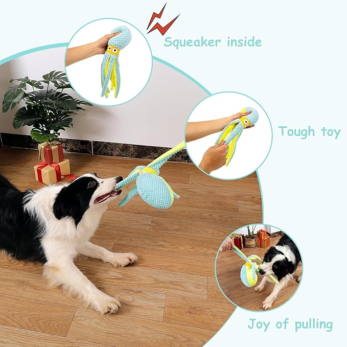 Hollypet Squeaky Plush Stuffed Durable Dog Toys, Cute Puppy Chew Toys for Small, Medium and Large Breed Dogs，Blue Octopus