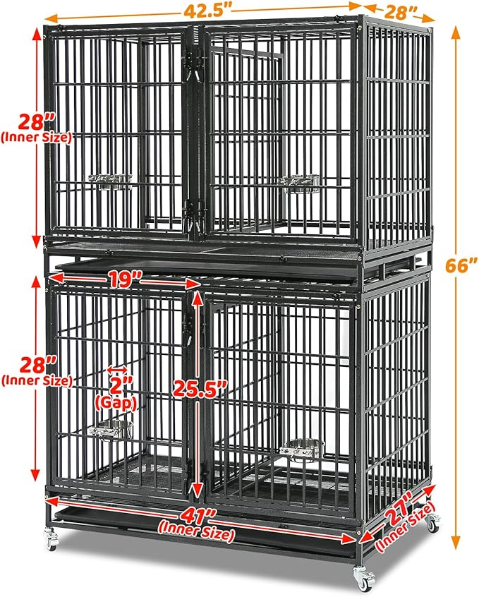 Homey Pet 43 Inch Two Tiers Dog Crate Cage Kennel with Divider, Stackable Heavy Duty Dog Crate for Large Dogs, Escape Proof Indestructible Dog Kennel Indoor with Removable Tray, Lockable Wheels