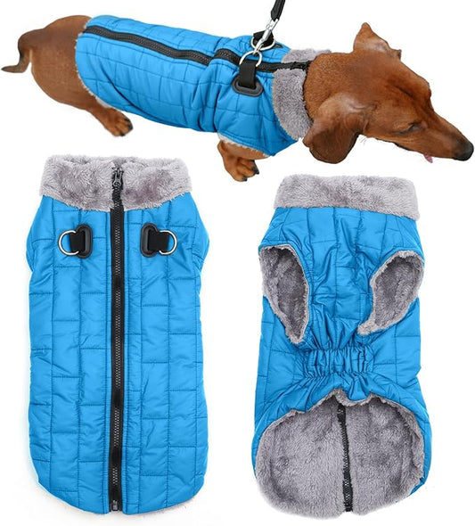 Warm Fleece Dog Coats with Durable Harness Buitl in D-Ring,Waterproof Doggie Jacket for Medium Dogs,Dog Vest for Cold Winter,Light Blue L