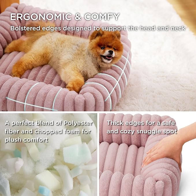 Bedsure Washable Dog Bed for Medium Dogs - Cute Furry Puppy Beds, Rectangle Orthopedic Corduroy Fleece Pet Beds with Removable Zipper Cover, 30x24x8inches, Blush Pink