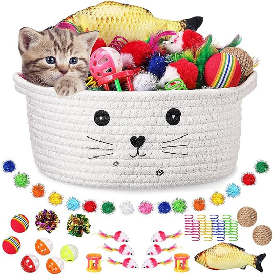 Zopeal 58 Pcs Cat Storage Basket Gift Toys Set, Colorful Flashing Balls Pet Bell Crinkle Balls Spring Toys Attract Cat to Swat, Bite, Hunt, Interactive for Pet(White,9.8 Inch)