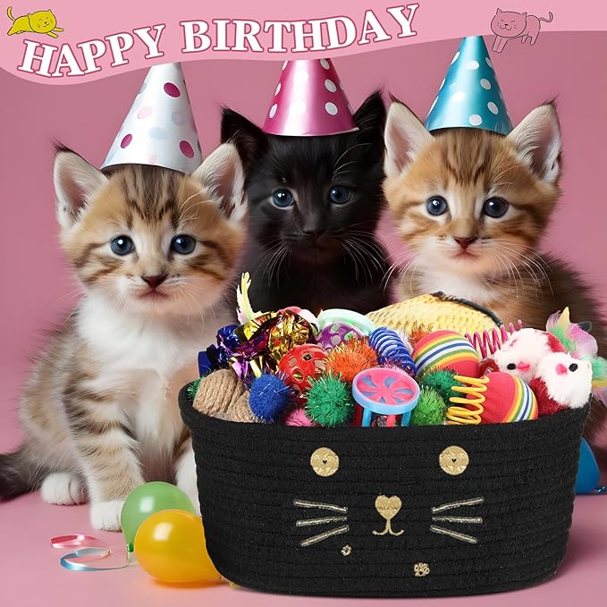 Zopeal 58 Pcs Cat Storage Basket Gift Toys Set, Colorful Flashing Balls Pet Bell Crinkle Balls Spring Toys Attract Cat to Swat, Bite, Hunt, Interactive for Pet(Black,9.8 Inch)