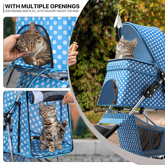 MoNiBloom 3 Wheels Pet Dog Cat Stroller for Small Medium Dogs Cats, Foldable Jogger Stroller w/Storage Basket and Cup Holder, Sky Blue Polka Dots