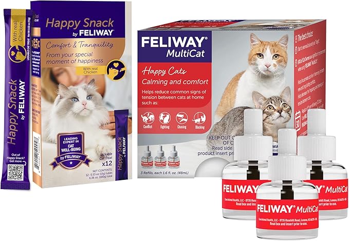 FELIWAY MultiCat 3 x 30 Day Cat Calming Refills for Pheromone Diffuser & Happy Snack Delicious Calming cat Treats (12-ct Chicken Flavor)