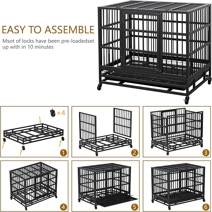 JY QAQA 38 Inch Heavy Duty Indestructible Dog Crate, Escape Proof Dog Cage Kennel with Lockable Wheels,High Anxiety Double Door Dog Crate, Xl Extra Large Crate Indoor for Large Dog with Removable Tray