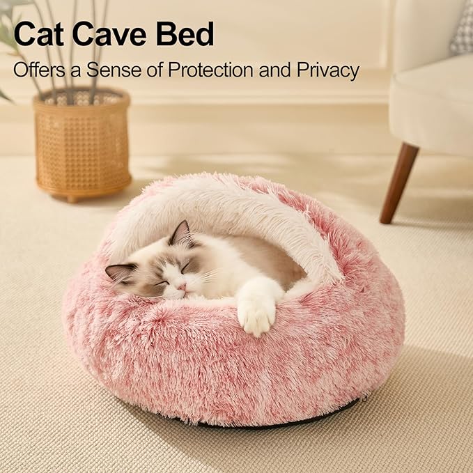 Calming Dog Beds & Cat Cave Bed with Hooded Cover,Removable Washable Round Beds for Small Medium Pets,Anti-Slip Faux Fur Fluffy Coved Bed for Improved Sleep,Fits up to 15/25 lbs(Bean Mush,S)