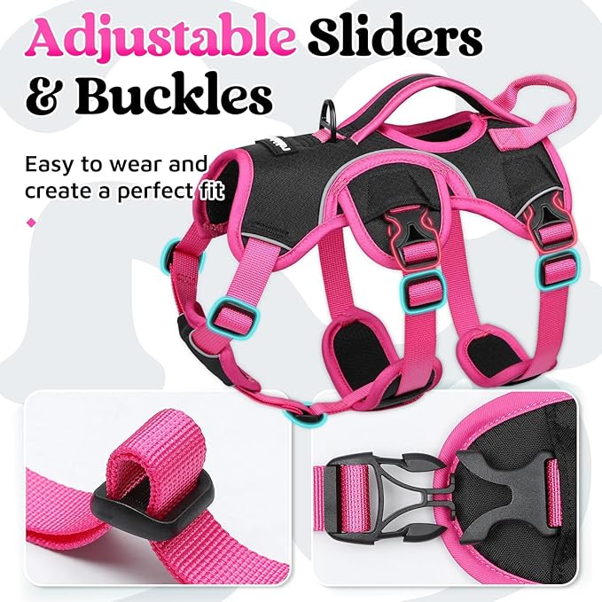 rabbitgoo Escape Proof Dog Harness Small Sized Dog, Soft Padded Full Body Pet Harness, Reflective Adjustable Vest with Lift Handle and Leash Clip for Walking Hiking Training, Pink & Black, S