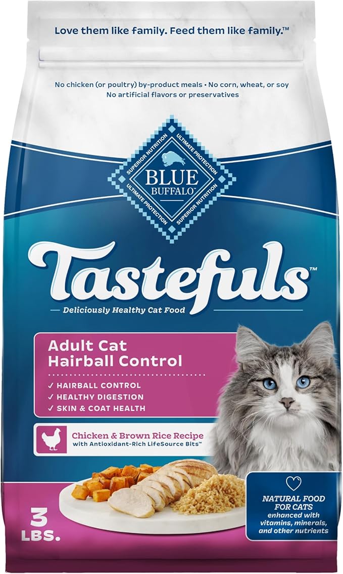 Blue Buffalo Tastefuls Adult Hairball Care Dry Cat Food, Made in the USA with Natural Ingredients, Chicken & Brown Rice Recipe, 3-lb. Bag