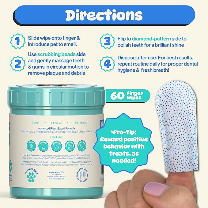 All-in-1 Dog Teeth Cleaning Wipes | Enzymatic Whitening + Micro Scrubbing Beads | No Mess, Pet Dental Wipes & Finger Tooth Brushing Kit | Plant-Based Dental Care for Cats & Dogs (60 Count)