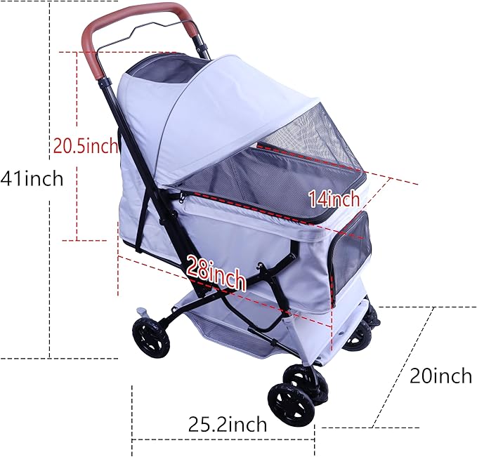 Reversible Pet Stroller (4 Wheels for Cats and Dogs) for Small and Medium Pets up to 33 lbs.Gray