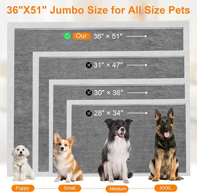 Charcoal Puppy Pads 36"×51", Ultra-Large Carbon Pee Pads for Dogs, Odor-Control Puppy Pads, 6-Layer Dog Training Pads, Ultra-Absorbent & Quick-Dry Black Puppy Pads 100 Count