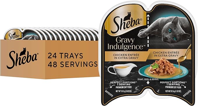 Sheba Gravy Indulgence Adult Wet Cat Food Chicken Entree in Extra Gravy, 2.6 oz. Twin-Pack Trays (24 Count, 48 Servings)