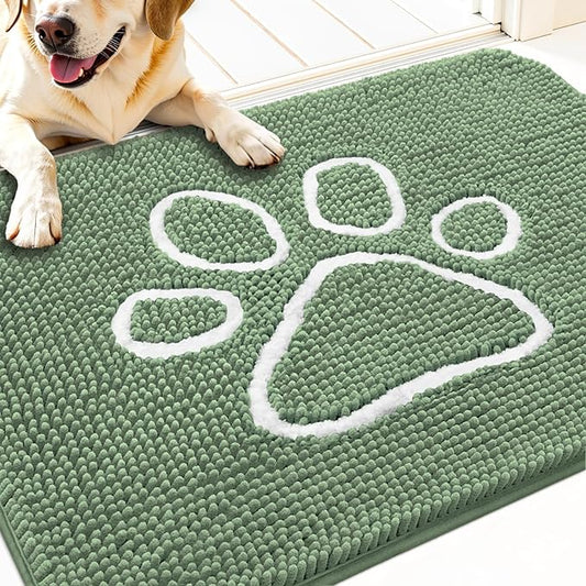 OLANLY Dog Door Mat for Muddy Paws 30x20, Paw Print Design, Absorbs Moisture and Dirt, Non-Slip Washable Doormat, Quick Dry Chenille Mud Mat, Entry Indoor Entryway Carpet, Olive Green and White