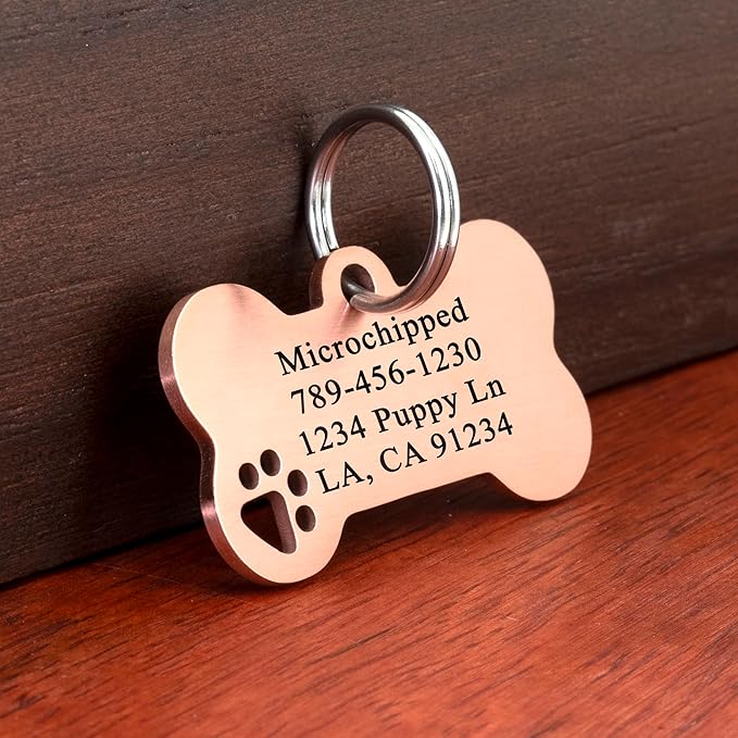 Ultra Joys Dog Tags Personalized for Pets - Hollow Paw Custom Pet ID Tag - Engraved Dog Tag for Small, Large Dogs - Large Bone in Rose