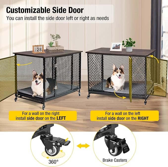 Aivituvin Dog Crate Furniture Movable Side End Table Indoor Dog Kennel for Small Medium Large Dogs Double-Doors Wooden Dog House with Cushion, Tray, Wire Floor(38.6")