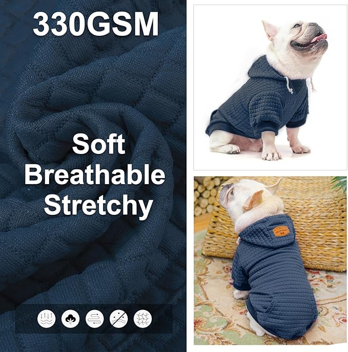 BEAUTYZOO Small Dog Hoodie Sweater with Pockets, Dog Clothes for Small Medium Dogs Boy Girl, Waffle-Like Laminated Cotton Pet Coats with Hat and Leash Hole, Navy Blue L
